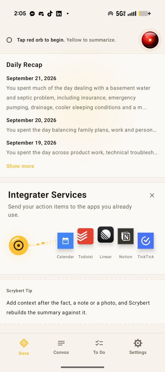 Scrybert's Base screen, showing the Daybook and Integrater Services