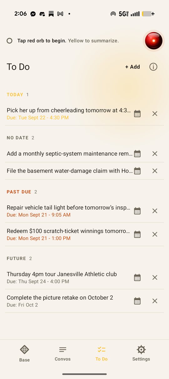 Scrybert's To Do list, organized by Today, No Date, Past Due, and Future