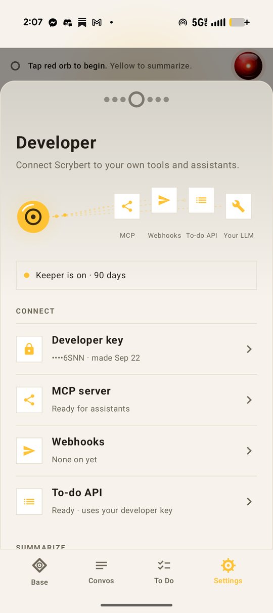 Scrybert's Developer settings, showing MCP, webhooks, and API access