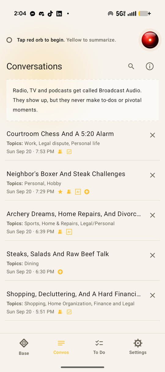 Scrybert's Convos list, with topics, timestamps, and action-item marks